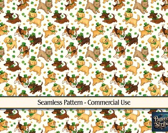 Dog Clover Shamrock St Patrick's Day | Seamless Digital Paper Pattern PNG | Commercial Use | Digital Download ONLY | Fabric Print