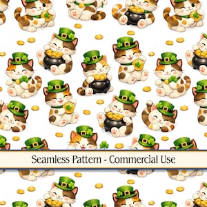 Könnte beinhalten: Ein nahtloses Muster mit Cartoon-Katzen mit grünen Hüten, die Goldtöpfe und Kleeblätter halten. Die Katzen sind braun, weiß und orange, mit verstreuten Goldmünzen. Der Text "Seamless Pattern - Commercial Use" wird angezeigt.