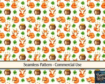 Fox Clover Shamrock St Patrick's Day | Seamless Digital Paper Pattern PNG | Commercial Use | Digital Download ONLY | Fabric Print