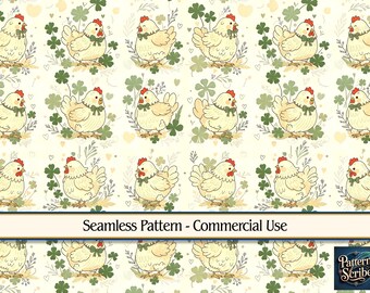 Chicken Clover Shamrock St Patrick's Day | Seamless Digital Paper Pattern PNG | Commercial Use | Digital Download ONLY | Fabric Print