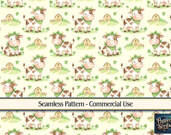 Cow Clover Shamrock St Patrick's Day | Seamless Digital Paper Pattern PNG | Commercial Use | Digital Download ONLY | Fabric Print