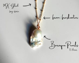 Collana di perle barocche grandi, placcata in oro 14 carati, gioielli unici con perle luminose