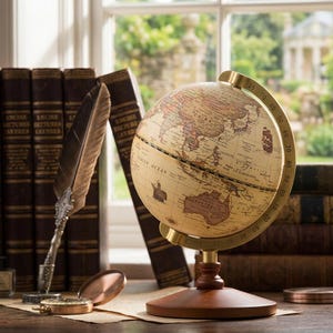Könnte beinhalten: Ein Globus im Vintage-Stil mit einer cremefarbenen Karte und braunen Landmassen, montiert auf einem Messing-Meridianring mit Gradmarkierungen und einem dunklen Holzsockel, begleitet von einer Schreibfeder und einem kleinen runden Messingkompass.