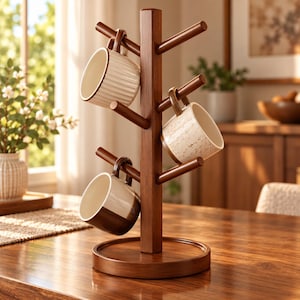 Può includere: Un supporto per tazze in legno marrone scuro con base circolare e sei rami inclinati. Tre tazze in ceramica sono appese ai rami: una tazza bianca a coste, una tazza bianca maculata e una tazza bicolore marrone e bianca.