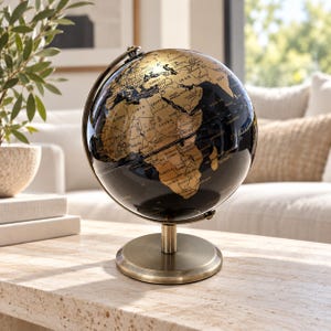May include: A decorative globe featuring a black and metallic gold colour scheme. The landmasses are rendered in gold with black text labels for countries and regions, while the oceans are solid black. It is mounted on a circular brass-toned stand.
