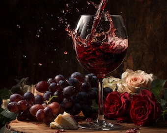 Nature morte au vin rouge foncé | Verres à vin élégants | Décoration murale Moody pour bar et cuisine | Téléchargement numérique