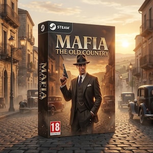 以下が含まれることがあります： 「Mafia: The Old Country」のゲームボックス。スーツ姿の男性が銃を持っている。Steamのロゴと18歳以上対象の表示。背景には、クラシックカーが走る街並みが描かれている。
