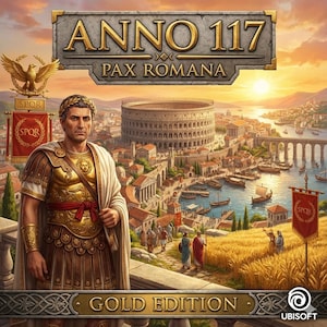 以下が含まれることがあります： ビデオゲーム「Anno 117: Pax Romana Gold Edition」のデジタルアートワーク。金色の鎧を着たローマ皇帝、コロッセオのある都市景観、そして「Anno 117」と「Pax Romana」のテキストが描かれています。