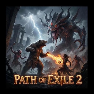 Puede incluir: Ilustración digital para Path of Exile 2. Una criatura parecida a un oso lucha contra un gran demonio con relámpagos en el fondo. Otras figuras están en primer plano, con el título del juego en la parte inferior.