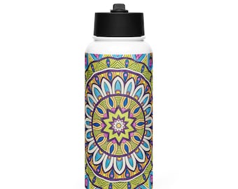 Stainless steel water bottle with a straw lid - Bright Floral Medallion Mandala