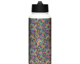 Stainless steel water bottle with a straw lid - Kaleidoscope Medallion Mandala