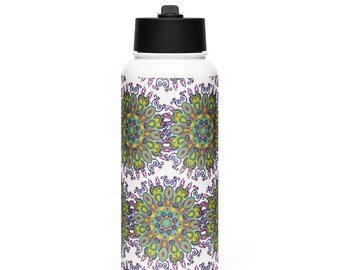Stainless steel water bottle with a straw lid - Vibrant Geometric Floral Medallion Mandala