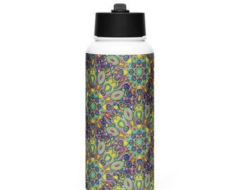 Stainless steel water bottle with a straw lid - Layered Floral Medallion Mandala