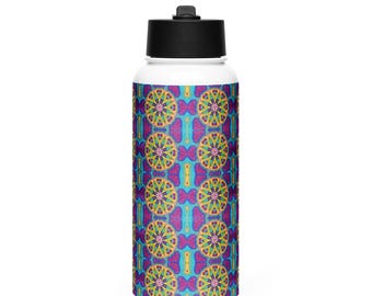 Stainless steel water bottle with a straw lid - Jewel Toned Rosette Medallion Mandala