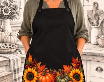 Autumn Harvest Black Apron | Pumpkin, Sunflower Fall Kitchen Apron | Thanksgiving Baking & Cooking Apron