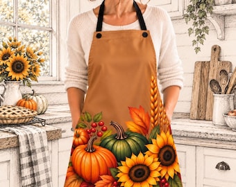 Gathered in Autumn Apron | Pumpkin & Sunflower Fall Kitchen Apron