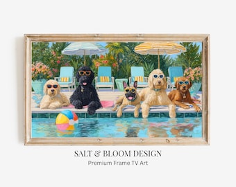 Cuadro decorativo de verano para TV, perros descansando junto a la piscina, pintura de amantes de los perros Doodle Pool, Goldendoodle Labradoodle Frenchie para Samsung Frame TV