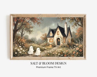 Halloween Ghosts Frame TV Art, Cottage Garden Halloween Painting, Whimsical Halloween Gothic Cottagecore Décor for TV, Cute Ghosts TV Art