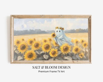 Halloween Frame TV Art, Sunflower Ghost Frame TV, Whimsical Halloween Painting, Ghost Sunflower Field, Girly Gothic Cottagecore Fall Décor