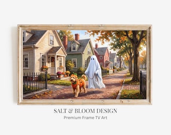 Arte para TV con marco de Halloween, Lindo fantasma paseando a un Goldendoodle, Arte para TV con marco de fantasmas, Pintura caprichosa de Halloween para Samsung Frame TV Art
