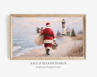 Cuadro de Papá Noel navideño para TV, cuadro de casa de playa con vistas al océano para TV, abuela navideña costera, pintura navideña de faro costero para televisores Samsung Frame.
