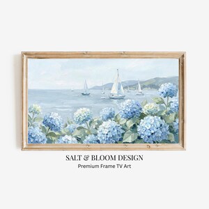 Sommer Hortensie Bilderrahmen TV Kunst, Küsten TV Bildschirmschoner, Cape Cod Küsten Dekor, Segelboot Nautik Gemälde für Samsung Rahmen TV Kunst