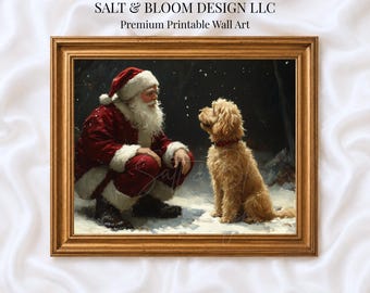 Santa Claus & Doodle Dog Digital Wall Art, Goldendoodle Christmas Painting, Santa Traditional Christmas Dog Décor, Cozy Christmas Wall Art