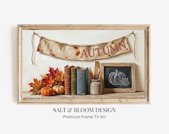 Autumn Classroom Frame TV Art, Vintage Chalkboard Pumpkin, Books & Pencils, Back to School Fall Painting for Tv, First Day School Décor TV
