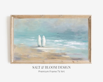 Halloween Frame TV Art, Ghosts Ocean Beachhouse TV Art, Pastel Halloween Impressionist Painting, Whimsical Coastal Ghost TV Art,