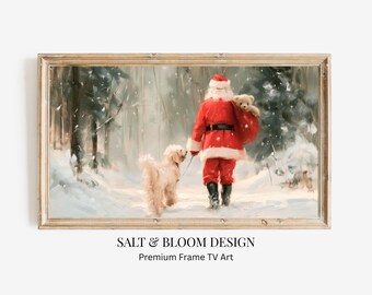 Santa Claus & Goldendoodle Frame TV Art, Doodle Dog Christmas Dog Art TV, Impressionistic Christmas Painting, Winter Holiday Art Tv Décor