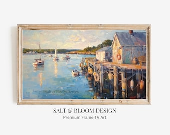 Casa de boyas de Nueva Inglaterra, puerto, veleros, barcos de pesca, pintura al óleo, marco para TV, Cape Cod, Nantucket costero, náutico para Samsung Frame TV