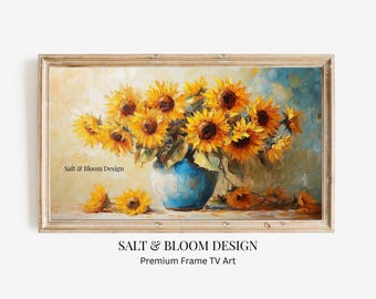 Summer Frame TV Art Sunflowers, Vintage Autumn Floral Painting, Fall Vase of Yellow Sunflowers for Samsung Frame TV Art