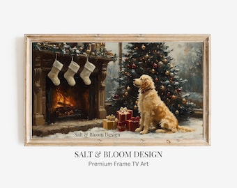 May include: A framed digital art print depicts a golden retriever dog sitting near a Christmas tree and fireplace. The artwork features a cozy holiday scene with stockings, gifts, and a warm fire. The text "Salt & Bloom Design" is visible.