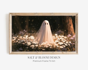 Ghost in Wildflower Woods Frame TV Art, Moody Halloween Painting, Gothic Cottagecore Ghost, Daisies & Fireflies Autumn Art, Dark Cottagecore