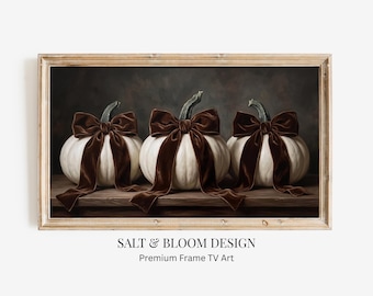 Arte para TV de otoño, marco de calabaza blanca melancólica para TV, naturaleza muerta otoñal oscura con lazos de terciopelo para marco de TV Samsung, elegante decoración de Acción de Gracias
