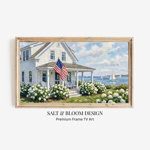 Cape Cod Nantucket 4th of July Frame TV Art, Coastal Hydrangea American Flag Patriotic Artwork, Cute Summer Painting for Samsung Frame TV