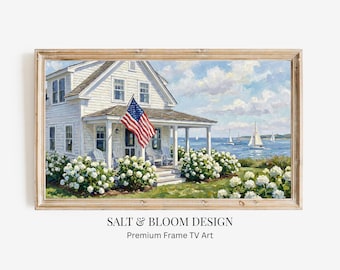 Cuadro decorativo para TV con diseño de Cape Cod y Nantucket del 4 de julio, con hortensias costeras y bandera estadounidense. Bonita pintura veraniega para Samsung Frame TV.