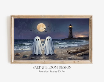 Halloween Frame TV Art, Ghosts Beach TV Art, Lighthouse & Full Moon Painting, Cute Halloween Coastal Cottagecore Décor, Spooky Nautical Art