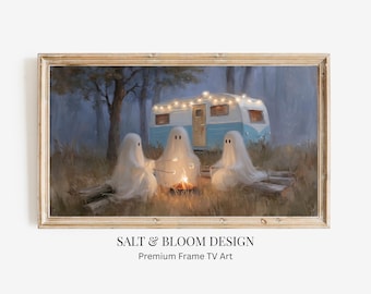 Arte para TV con marco de Halloween, Arte para TV con marco de fogata de fantasmas lindos, Fantasmas caprichosos de Halloween con caravana retro vintage, Arte para TV acogedor de campamento de otoño