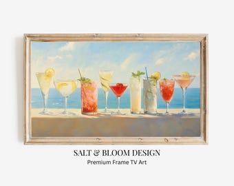 Cuadro decorativo para TV con diseño de cócteles playeros, cuadro decorativo para TV con diseño de copa de martini veraniega de estilo cottagecore femenino, pintura veraniega y bonita con temática de casa de playa para marco de TV Samsung