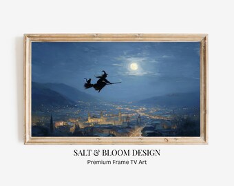 Halloween Frame TV Art, Witch Flying on Broomstick TV Art, Black Cat Halloween Samsung TV Spooky Autumn Oil Painting Decor Artwork Moody