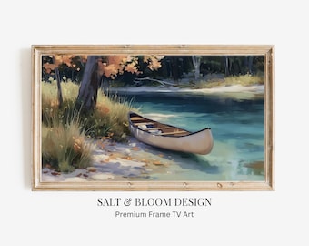 Cuadro decorativo de otoño con canoa acogedora, pintura de río otoñal, arte neutro para casa de lago, cuadro decorativo de otoño para cabaña rústica, decoración de cabaña para acampar.