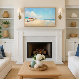 Pastel coastal abstract Frame TV art inspired by Cape Cod and Nantucket interiors featuring muted beach tones, maximalist color layering, and sophisticated beachy wall decor aesthetic for Samsung Frame TV displays and modern coastal homes.