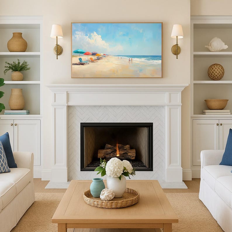 Pastel coastal abstract Frame TV art inspired by Cape Cod and Nantucket interiors featuring muted beach tones, maximalist color layering, and sophisticated beachy wall decor aesthetic for Samsung Frame TV displays and modern coastal homes.