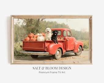 Goldendoodle Labradoodle Fall Frame TV Art, Vintage Red Truck Pumpkin Painting, Autumn Dog Artwork, Thanksgiving Halloween Décor, Cute Dog
