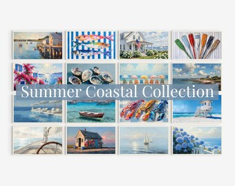 Paquete de 16 láminas decorativas para TV con marco costero, colección Casa de playa de verano para láminas decorativas de TV, conjunto de láminas decorativas náuticas Nantucket Cape Cod para TV, colección de láminas decorativas para TV