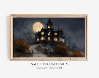 Halloween Frame TV Art, Haunted House TV Art, Full Moon Haunted Mansion Gothic Graveyard, Spooky Halloween Dark Academia Painting for TV Art