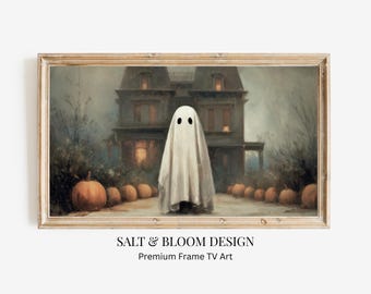 Marco de TV con fantasmas de casa embrujada, pintura espeluznante de Halloween para TV, arte otoñal de estilo cottagecore oscuro, decoración de TV con fantasmas caprichosos, estilo academia oscura
