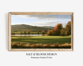 Marco de campo de golf de otoño para TV, Arte de golf para TV de otoño, Pintura de paisaje de golf vintage, Decoración de club de campo para TV, Arte minimalista de golf