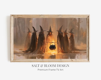 Witches Circle Halloween Frame TV Art, Gothic Cottagecore Forest Painting, Witchy Wall Art for TV, Dark Academia Moody Décor, Forest Witch